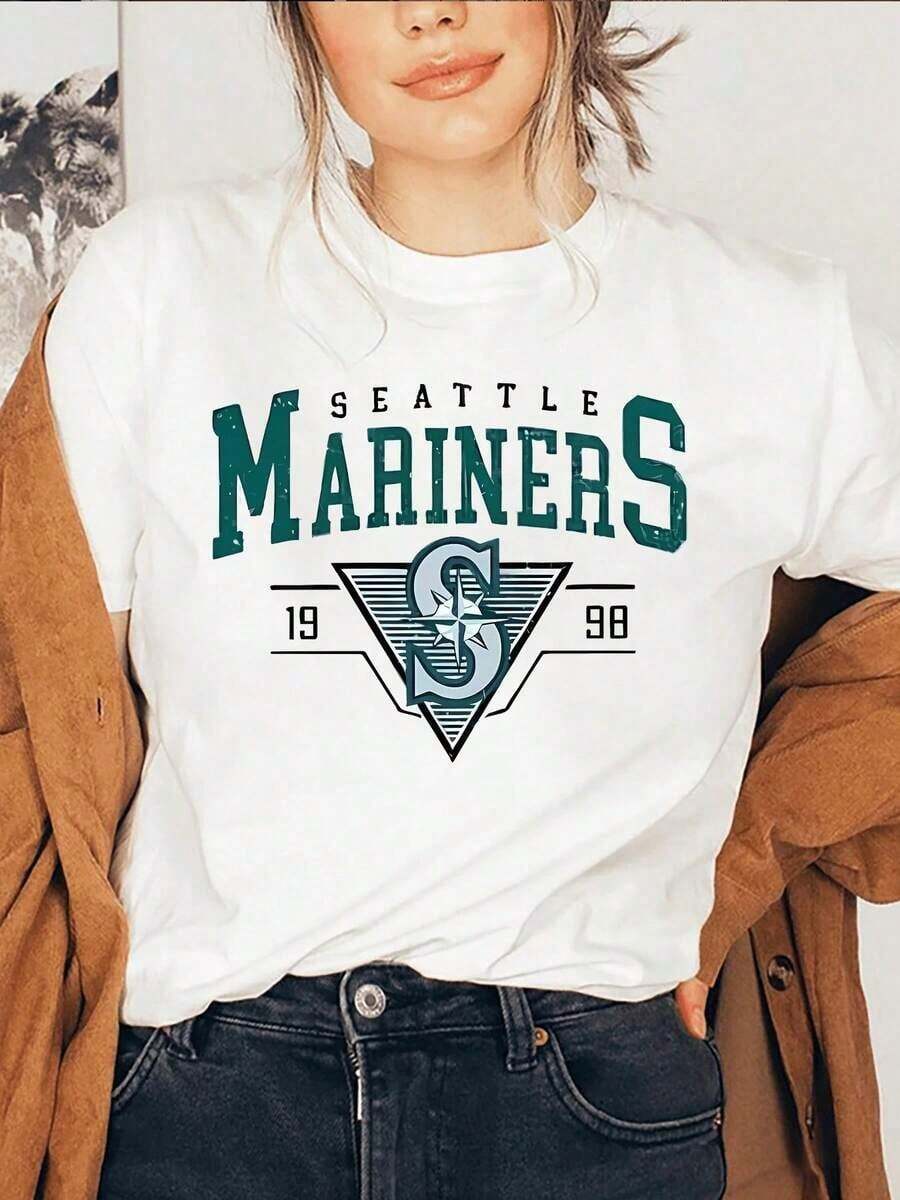 1 pieza de camiseta casual de manga corta con cuello redondo para mujer, con estampado retro de los Seattle Mariners, perfecta para primavera y verano. 180g Algodón 100%. - Blanco - Ver 1
