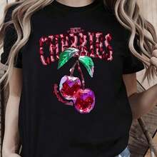 Women's T-Shirt With Sparkling Golden Cherry Design - Black - View 1