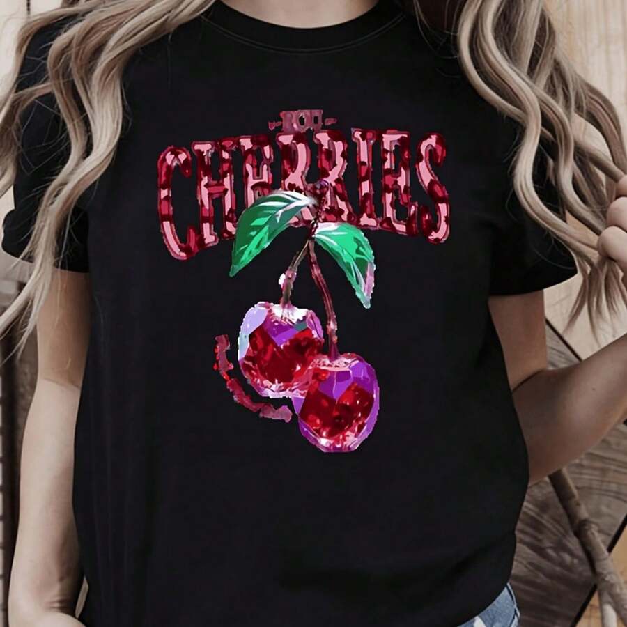 Women's T-Shirt With Sparkling Golden Cherry Design - Black - View 1
