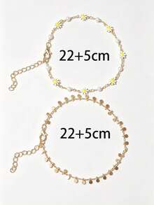 Hegaze Set de 2 piezas Tobillera con flor de margarita hecha a mano y borla de perlas falsas, adecuada para vacaciones de verano en la playa - Amarillo Oro - Ver 3