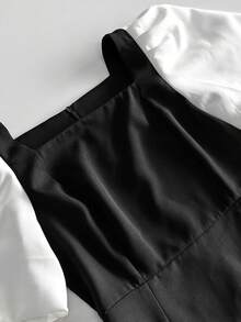 Women's Retro Elegant Fitted Dress In Contrasting Black And White, Bubble Sleeves And Slim Fit - Black - View 5