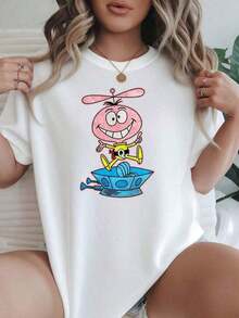 PremiumFashionWo's T-Shirt - Casual Loose Fit, Black And White Options, Cartoon Character Print, Graphic Tees For Everyday Wear, Summer Tops, Graphic Tees, Crop Tops, Vintage Cotton Tees, Cute Clothing, High-End Solid Color Loose Fit Tees, Gift Idea - 白色 - 查看 7
