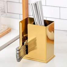 Soporte para utensilios de restaurante chino de acero inoxidable, 2 compartimentos de malla, estante de secado para utensilios de cocina, palillos, cuchara, tenedor, cuchillo - Dorado - Ver 7