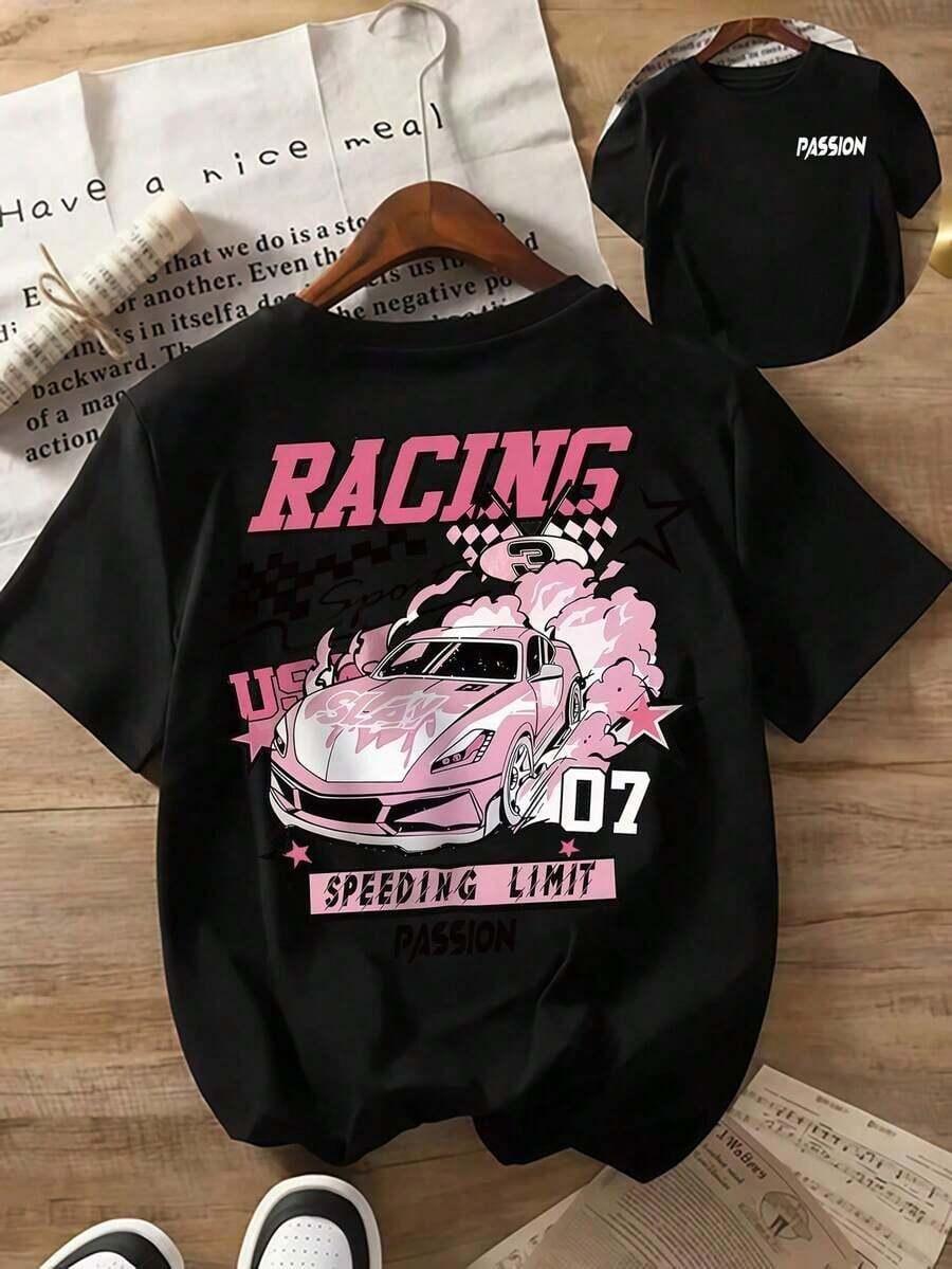 Girls' Summer Short-Sleeved T-Shirt With A Creative Pink Car Print, Available In Pink, White, And Other Colors. Made From 100% Polyester, It Has A Slightly Stretchy Crew Neck, Regular Fit, And A Casual, Sporty Style. Hand Washable, Suitable For Festive Occasions, And Can Be Given As A Gift For Holidays, Christmas, Or Birthdays. Ideal For Girls' Summer Beach Outfits, It's Comfortable, Durable, And Stylish For Casual Everyday Wear And Festivals. - Black - View 1