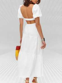 Long White Cotton Dress With Openwork And V-Neck, Spring Summer 2026 - 白色 - 查看 2
