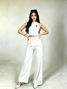 2-Piece Set Of Tank Top And Solid-Color Pants For Casual Holiday Wear - White - View 2