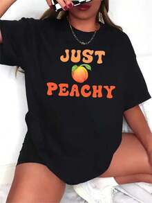 Fashionable Printed Short-Sleeve T-Shirt, 100% Premium Cotton - Featuring A  "JUST PEACHY" Print, Suitable For Holidays And Everyday Wear. Ideal For Women, Family, And Friends. Crew Neck Design, Machine Washable, Suitable For All Seasons, Perfect For Daily Wear. Interesting Pattern Design, Suitable As A Holiday Gift. Soft Texture, The Best Choice For Women. Gift Idea - 黑色 - 查看 1