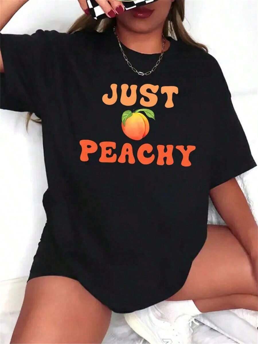 Fashionable Printed Short-Sleeve T-Shirt, 100% Premium Cotton - Featuring A "JUST PEACHY" Print, Suitable For Holidays And Everyday Wear. Ideal For Women, Family, And Friends. Crew Neck Design, Machine Washable, Suitable For All Seasons, Perfect For Daily Wear. Interesting Pattern Design, Suitable As A Holiday Gift. Soft Texture, The Best Choice For Women. Gift Idea - 黑色 - 查看 1