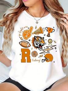Women's Football Shirt With Tiger Logo And Victory Design R - 220 G/M², Solid Color And Heavyweight, Embodying The Team Spirit On The Field, With A Tiger Mascot Design And Football, Round Neck, Casual Style, Suitable For Various Activities And Daily Wear, Comfortable Fit For All Seasons, Fan Apparel. - 白色 - 查看 7