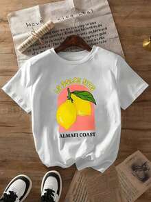LA DOLCE VITA Camia Casual de Manga Corta para Mujer - Estampado de Limón y Letras en Gris Claro, Cuello Redondo Transpirable, Ropa de PrimaveraVerano Lavable a Máquina, Diseño Divertido, Elasticidad Media Adecuado como regalo. playera de mujer. blusas>elegantes. boho chic,Top de mujer suave, transpirable y cómodo, ideal para primavera, verano y otoño, perfecto para vacaciones, viajes y uso diario. - Blanco - Ver 7