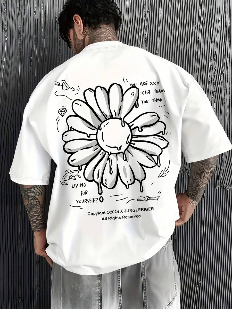 Men's Short-Sleeved T-Shirt With Daisy Print, Suitable For Everyday Casual Wear, Urban Style, Men's Round Neck T-Shirt, Loose Fit. - 白色 - 查看 1