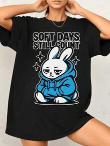 Rabbit Wearing A Blue Sweatshirt Conveying Calm And A Relaxed Attitude, Accompanied By A Motivational Phrase. Women's T-Shirt, 100% Cotton, 220g - 黑色 - 查看 7