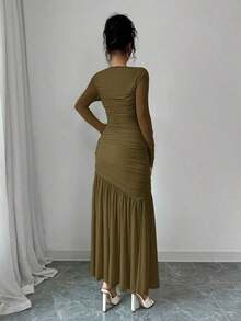 Vestido largo de manga larga con cuello redondo y malla para mujer, vestido casual de otoño.Adecuado para ropa de otoño, atuendo de regreso a clases, atuendo de maestro - Verde militar - Ver 2