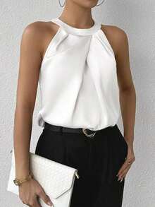 Blusa de crepé champán con cuello fruncido, sin mangas, elegante y sencilla para la oficina, para uso diario y de oficina - Blanco - Ver 4