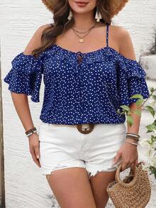 Camiseta romántica con volantes y escote descubierto de corazoncitos para vacaciones, talla grande.Ideal para fiesta casual, picnic o San Valentín. - azul real 2 - Ver 6