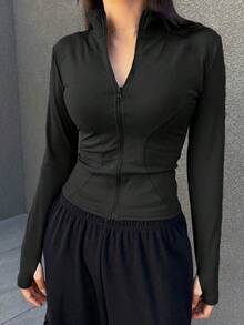 Chaqueta de manga larga sólida para mujer, ajuste delgado, minimalista ideal para primavera y verano - Negro - Ver 1
