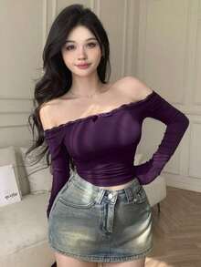 Camiseta ajustada para mujer con hombros descubiertos, con encaje y lazo de contraste, manga larga, top con hombros descubiertos - Morado - Ver 3