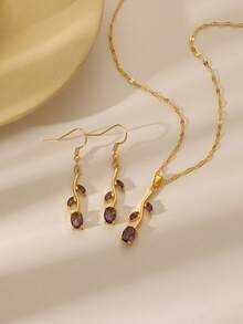 3pcs/4pcs Luxury Zirconia Tulip Earrings, Bracelet, Ring Jewelry Set, Purple Lucky Energy Elegant Luxury Accessories Suitable For Daily Commute And Bridal Party, Ideal Jewelry Choice For New Ladies - Gold - View 3