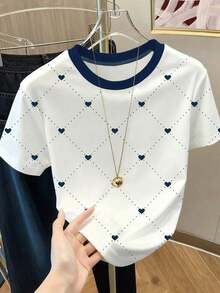 Camiseta de mujer con cuello redondo, estampado de corazones y lunares, y bloques de color - Blanco 8 - Ver 1