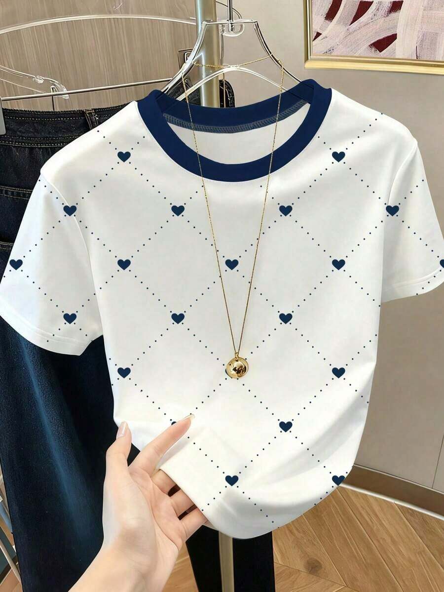 Camiseta de mujer con cuello redondo, estampado de corazones y lunares, y bloques de color - Blanco 8 - Ver 1