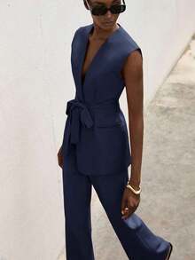 Traje de mujer de unicolor sin mangas, de diseño minimalista y versátil para uso diario - Azul marino - Ver 1