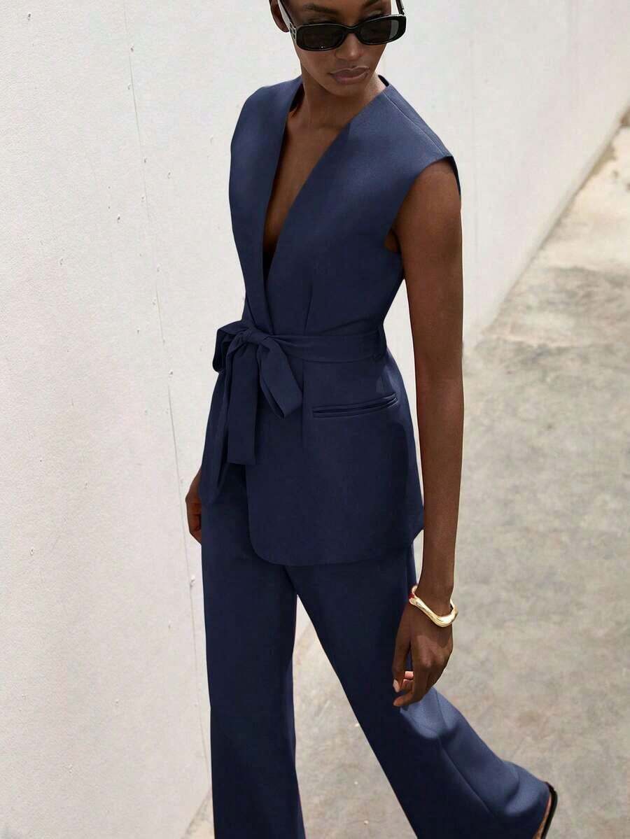 Traje de mujer de unicolor sin mangas, de diseño minimalista y versátil para uso diario - Azul marino - Ver 1
