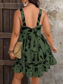 Vestido de talla grande con estampado, lazo en la cintura y decoración para mujeres de vacaciones - Verde militar - Ver 2