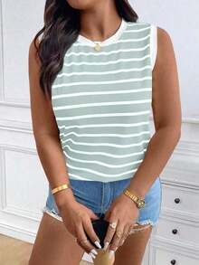 Chaleco sin mangas de mujer de talla grande, casual, de cuello redondo y con estampado de limón, de hombros anchos - Verde - Ver 4