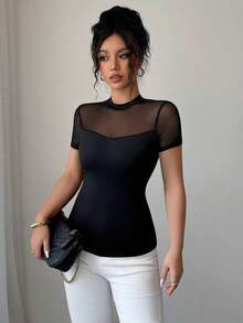 Camiseta de mujer de manga corta con cuello redondo, color liso, efecto transparente y parches, versátil para el verano de 2025 - Negro - Ver 5
