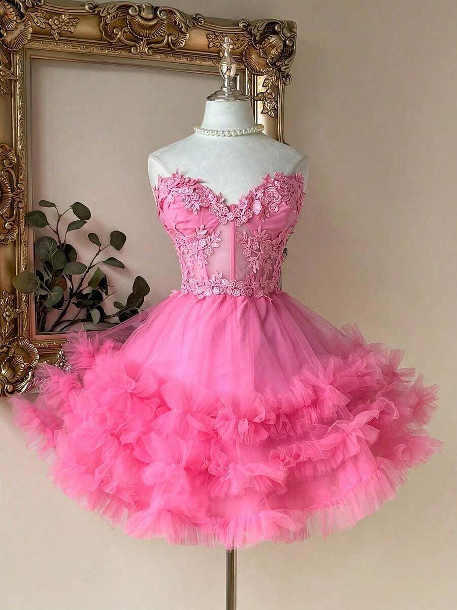 Elegante y lujoso vestido corto hecho a mano con aplicaciones bordadas, encaje de ganchillo y parches de satén, con abertura en la cintura, adecuado para citas, fiestas de solteros, galas, bailes, Día de San Valentín - Rosa - Ver 1