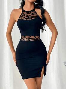 Vestido De Mujer Sin Mangas Y Cuello Halter Con Inserción De Malla Y Lentejuelas Brillantes En Corte Ceñido - Negro 2 - Ver 7
