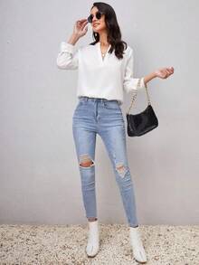 Clasi Blusa con cuello con muesca y mangas enrollables, blusas de manga larga - Blanco - Ver 3