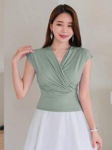 Camiseta de verano para mujer de unicolor con cuello en V cruzado y pliegues ajustados - Verde - Ver 4