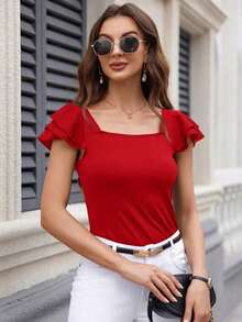 Camiseta casual de mujer de verano con cuello cuadrado, manga corta con volantes y unicolor - Rojo - Ver 5