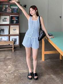Conjunto de 2 piezas de top de tirantes finos a rayas y pantalones casuales de verano para mujer, conjunto de prendas de estar en casa - Azul marino 5 - Ver 3