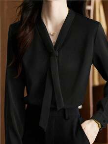 Camisa de unicolor, de moda y versátil, para uso diario y viajes a la oficina - Negro - Ver 4