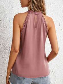 Clasi Blusa con panel de encaje guipur, diseño de escote con abertura en la espalda, sin mangas - Rosa vieja - Ver 2