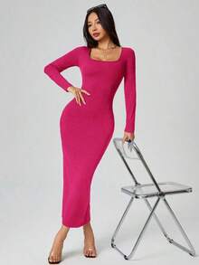 Vestido largo de manga larga con cuello cuadrado color negro sólido ajustado, vestido elegante de manga larga para mujer con cuello cuadrado, ajuste ceñido, manga recta, liso, para uso diario casual en primavera/otoño - Rosa Fucsia - Ver 4