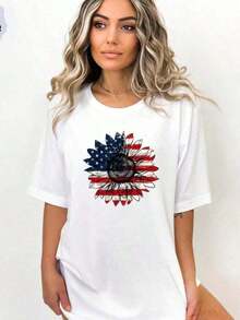 American Sunflower T-Shirt, Freedom T-Shirt, Independence T-Shirt, Floral T-Shirt With American Flag, Gift For Americans, 4th Of July Flag T-Shirt - 白色 - 查看 1