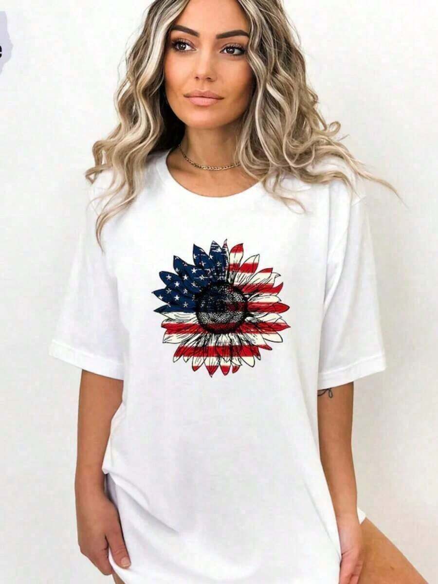 American Sunflower T-Shirt, Freedom T-Shirt, Independence T-Shirt, Floral T-Shirt With American Flag, Gift For Americans, 4th Of July Flag T-Shirt - 白色 - 查看 1