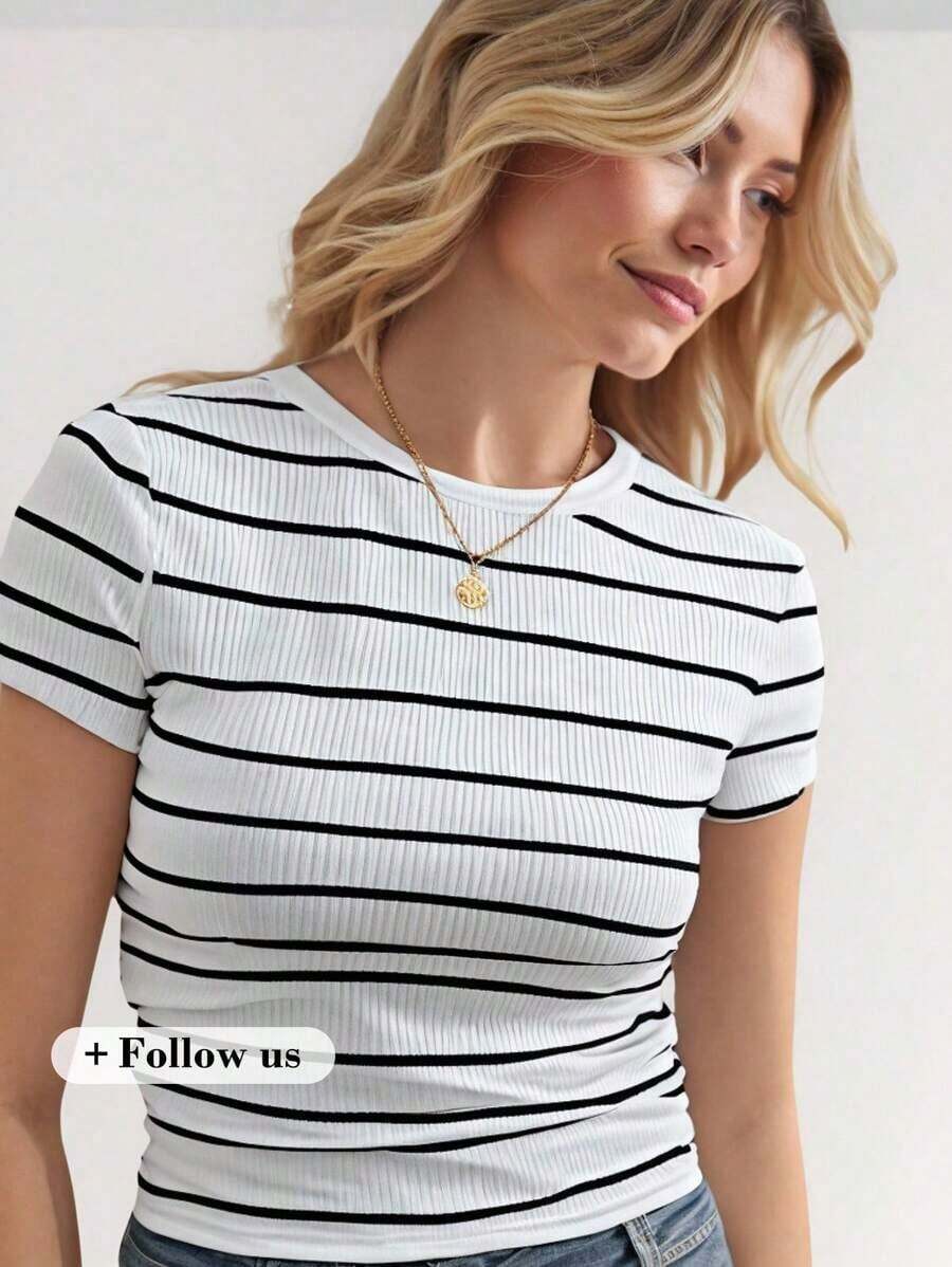 LUNE Conjunto deportivo de tiempo libre para atletismo, ciclismo, running, baloncesto - Camiseta casual cómoda de cuello redondo, ajustada, a rayas blancas y negras con recogido en la cintura, para mujer - Blanco y Negro - Ver 1