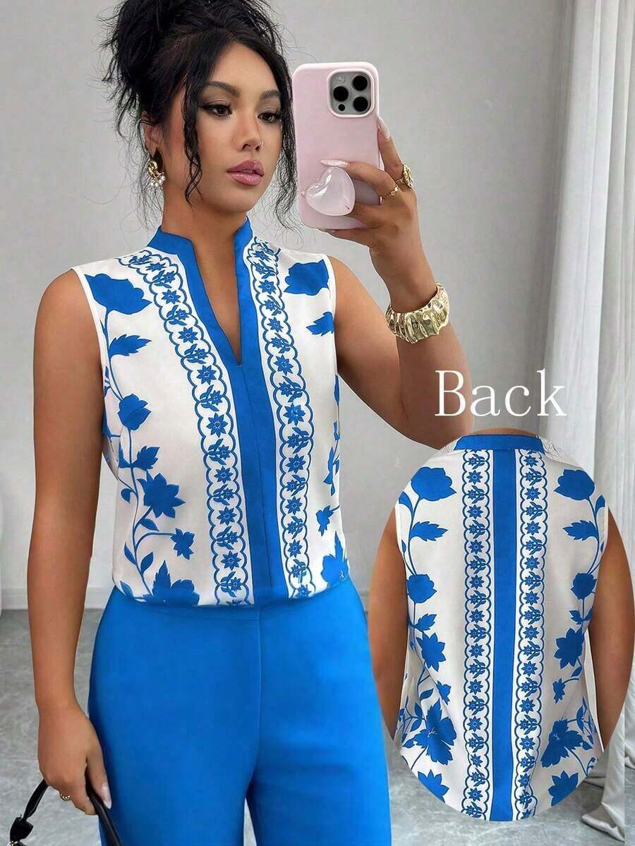 Blusa con cuello en V, estampada y sin mangas con cierre a media altura - Multicolor 2 - Ver 1