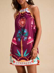 Vestido corto holgado con hombros al descubierto y estampado tejido para mujeres para vacaciones - Multicolor - Ver 8