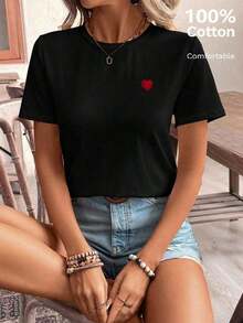 Frenchy Camiseta casual de manga corta para uso diario con corazón bordado en hilo dorado para mujer, camiseta de verano para mujeres con atuendo de fiesta de té de algodón, parte superior bordada, camiseta de algodón para mujeres.Tops de verano - Negro 3 - Ver 3