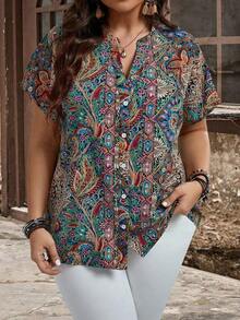 Camisa de manga corta con botones y estampado de estilo bohemio para mujer de talla grande, para primavera y verano - Multicolor 2 - Ver 6