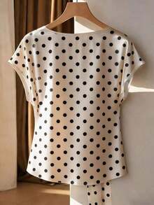 Blusa de verano casual con estampado de lunares, lazo delantero, manga corta, para mujer, elegante, linda, con estampado de lunares - Dorado - Ver 2