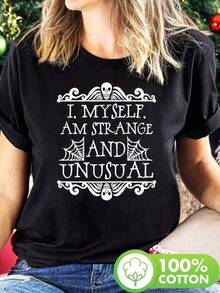 1 Piece Unisex Loose Fit T-Shirt 180g 100% Pure Cotton, Unique And Fun T-Shirt With A Y2K Design That Says "I. MYSELF. AM STRANGE AND UNUSUAL" Perfect For Lovers Of The Strange And Peculiar. Made Of 100% Cotton, Ideal For Any Occasion And To Highlight Your Personal Style With An Original Touch. - 黑色 - 查看 1