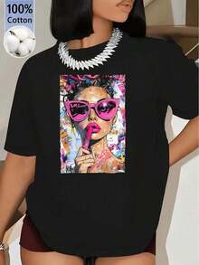 [Free National Shipping] Women's Summer T-Shirt With Graffiti Style Female Figure Print, Loose Fit, Casual, Short Sleeve, For Daily Outings, Home Or Gift, Cotton Women's T-Shirts - 風格 - 查看 8
