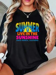 Camiseta Vintage para Mujer con Estampado de Santaónica, California - Camiseta de Manga Corta Sunshine Life - Top Negro Suave y Transpirable con Letras Amarillas y Rosas - Esencial para Vacaciones en la Playa - Lavable aáquina para Uso Diario Casual - Camiseta Vintage de Estilo Urbano Unisex de Algodón Suelto con Cuello Redondo y Manga Corta - Negro - Ver 7