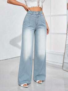ALO FASHION Pantalones vaqueros largos de mezclilla estilo boho de pierna ancha para mujer, lavados y confeccionados con material de alta elasticidad. - azul real - Ver 4